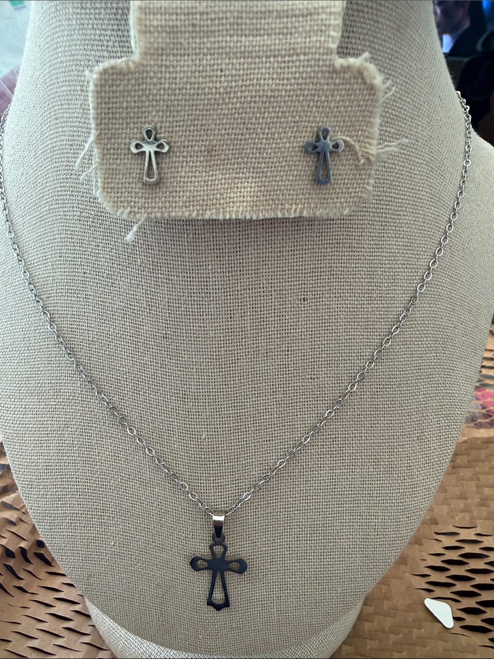 Stainless Steel Cross Pendant Necklace and Stud Earrings Set
